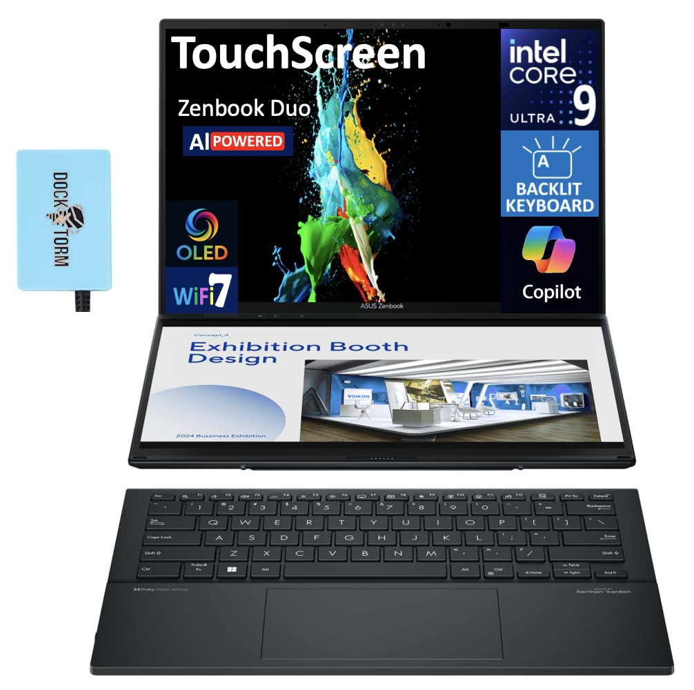 ASUS Zenbook Duo AI Powered 2-in-1 Laptop 14.0" Touchscreen OLED WUXGA Display (Intel Ultra 9-285H, 32GB LPDDR5X, 2TB PCIe SSD, Backlit KB, 2 Thunderbolt 4, WiFi 7, Win 11 Pro) w/DKZ USB Port Expander