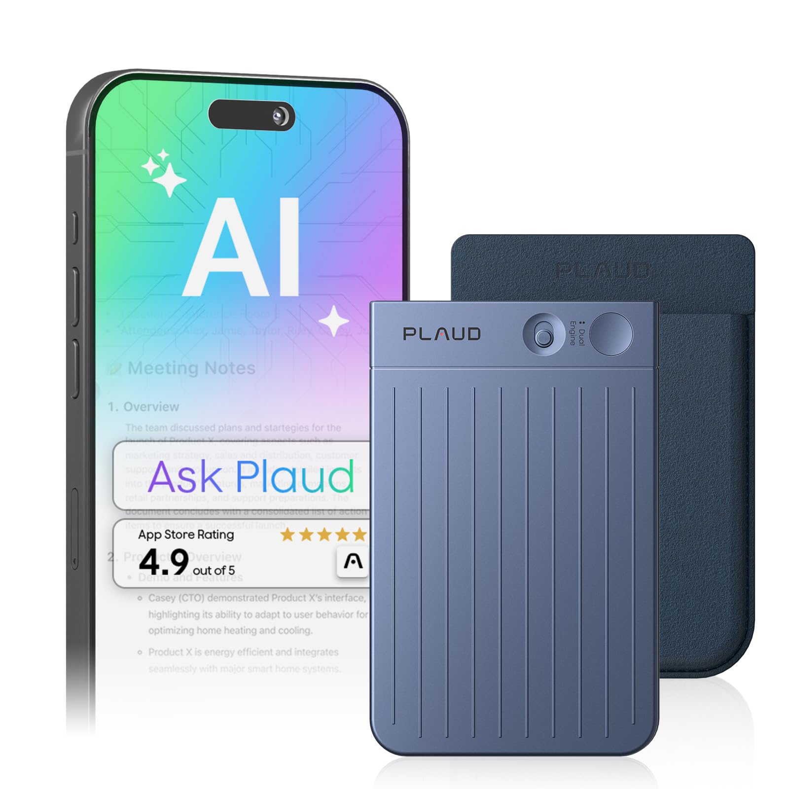 Plaud Note AI Voice Recorder, AI Note Taking Device, Transcribe & Summarize, Support 112 Languages, 64GB Navy Blue Digital Audio Recorder for Lectures, Meetings, Calls, Dark Blue Case, Non-Pro Version