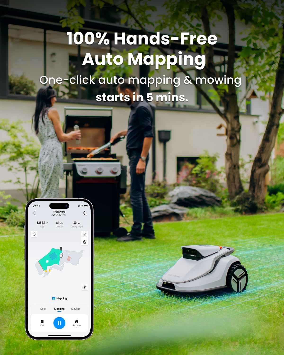 TerraMow V1000 Robot Lawn Mower, Tri-AI Vison Technology Without Wire/RTK/Signal Issues, Auto Mapping, Max 0.3 Acres, Vision Navigation, AI Obstacles Avoidance, 100% Hands Free for Complex Gargen Mow