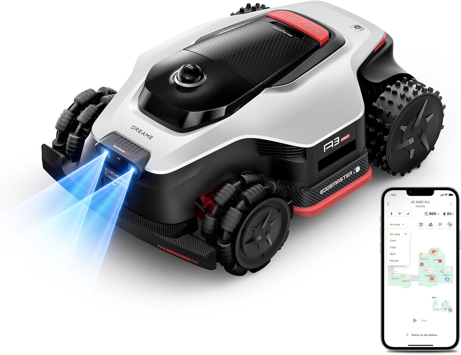 DREAME LiDAR 5000 Robot Lawn Mower A3 AWD Pro Wire Free No RTK, 4WD for 38.7° Slopes, Dual AI Vision Robotic Lawn Mowers,Dual-Disc Cutting 15.8" Width, Smart Zero-Edge, App Control for 1.25 Acre