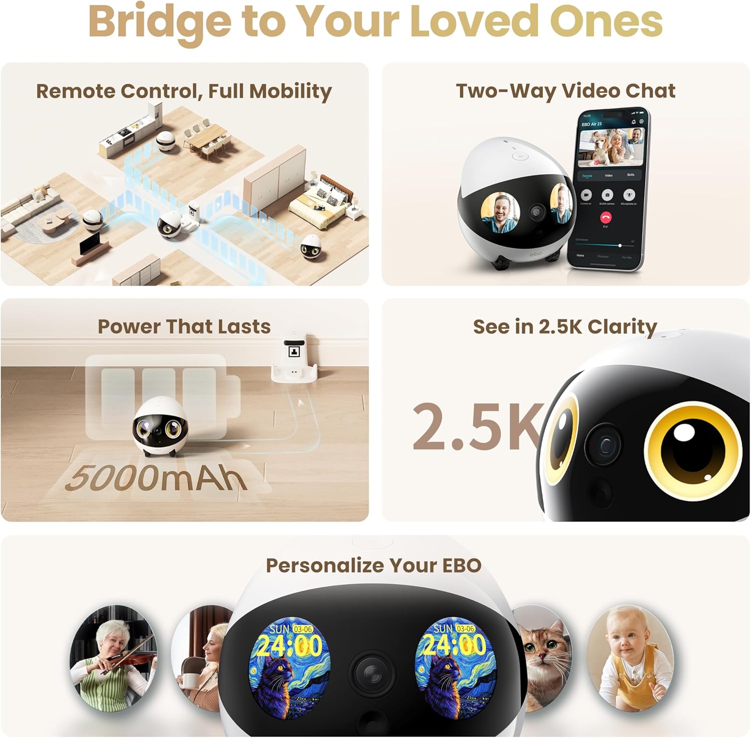 Enabot EBO Air 2S FamilyBot, intelligente verrijdbare robot voor thuisbewaking met dubbel schermogen, 2,5K intelligente patrouille bewakingscamera, huisdiercamera met 2-weg audio, auto-lading