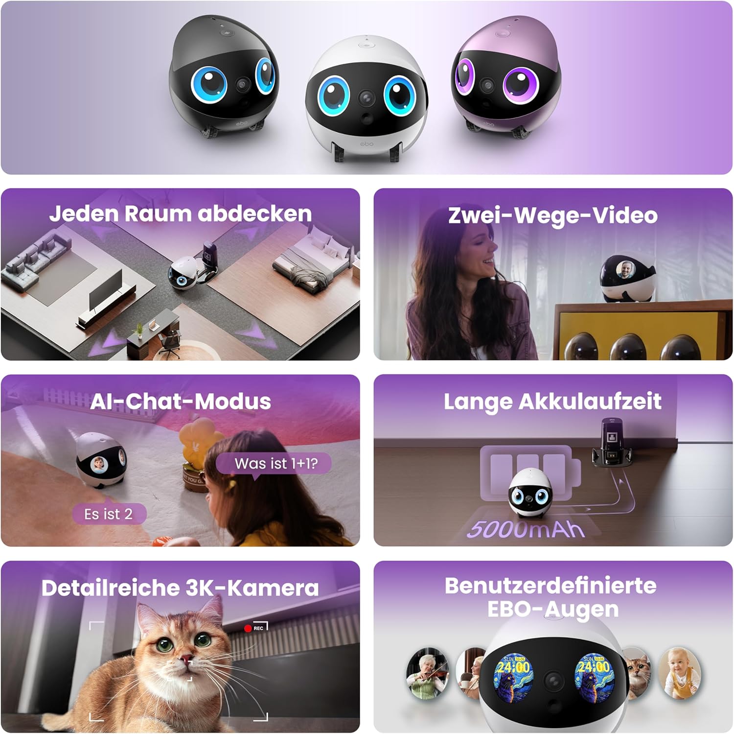 Enabot EBO Air 2 Plus FamilyBot, interactieve robot, 3K verrijdbare thuisbewaking, bewakingscamera met KI-chat (ChatGPT) en auto-patrouille & twee-weg audio en videogesprekken (mist lila)