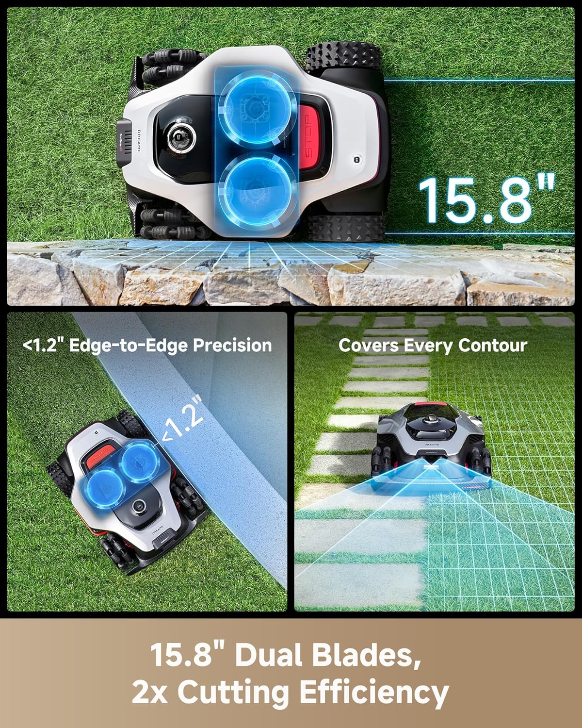 DREAME LiDAR 5000 Robot Lawn Mower A3 AWD Pro Wire Free No RTK, 4WD for 38.7° Slopes, Dual AI Vision Robotic Lawn Mowers,Dual-Disc Cutting 15.8" Width, Smart Zero-Edge, App Control for 1.25 Acre